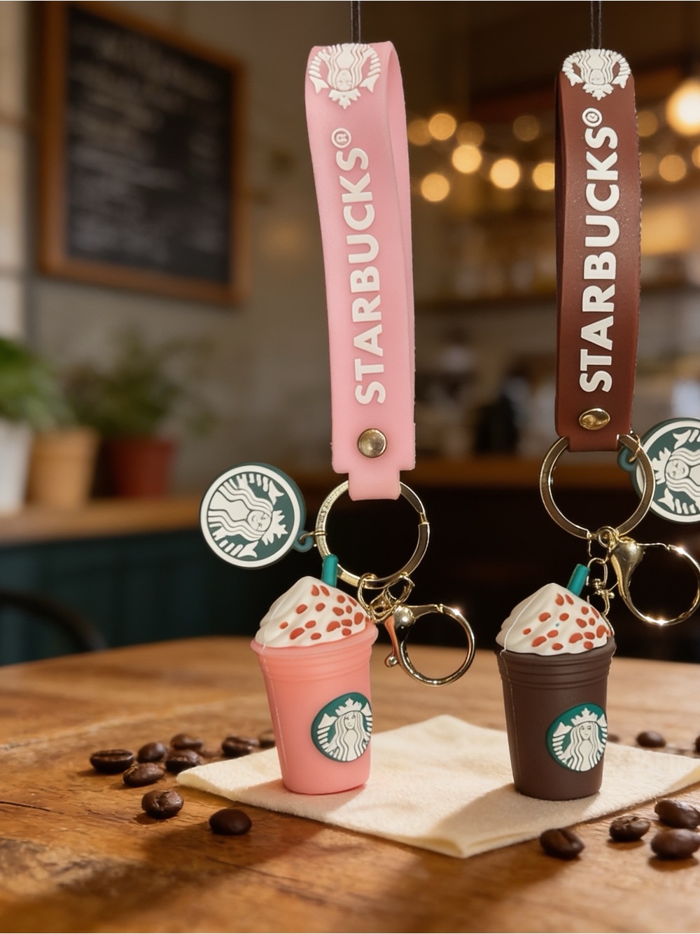 Starbucks 3D Pink Or Brown (pick one) Silicone Frappuccino Keychain with Charm - Picture 1 of 2